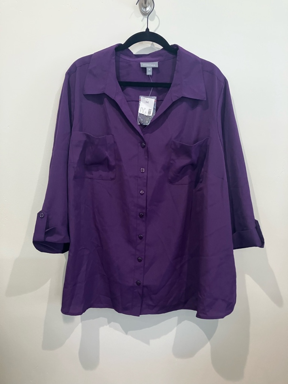 2 Essentials Career Button Up Roll Sleeve Plus Size Shirts in Purple and Black